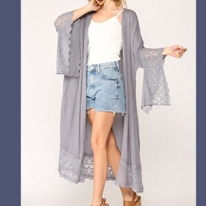 New Gigio S 4 6 8 Gray Open Embroidered Duster Jacket Lace Dolman Sleeves